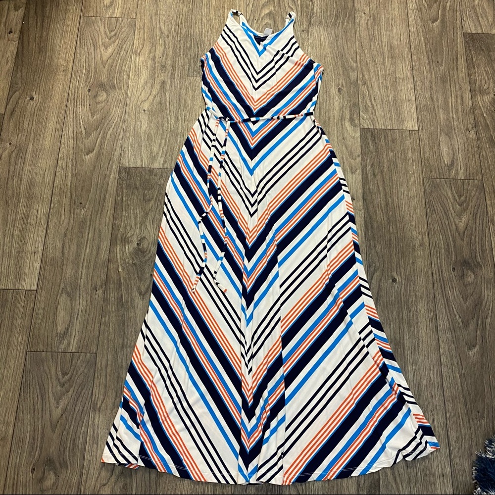 WHT/BLUE/ORANGE HIGH NECK MAXI, SIZE S